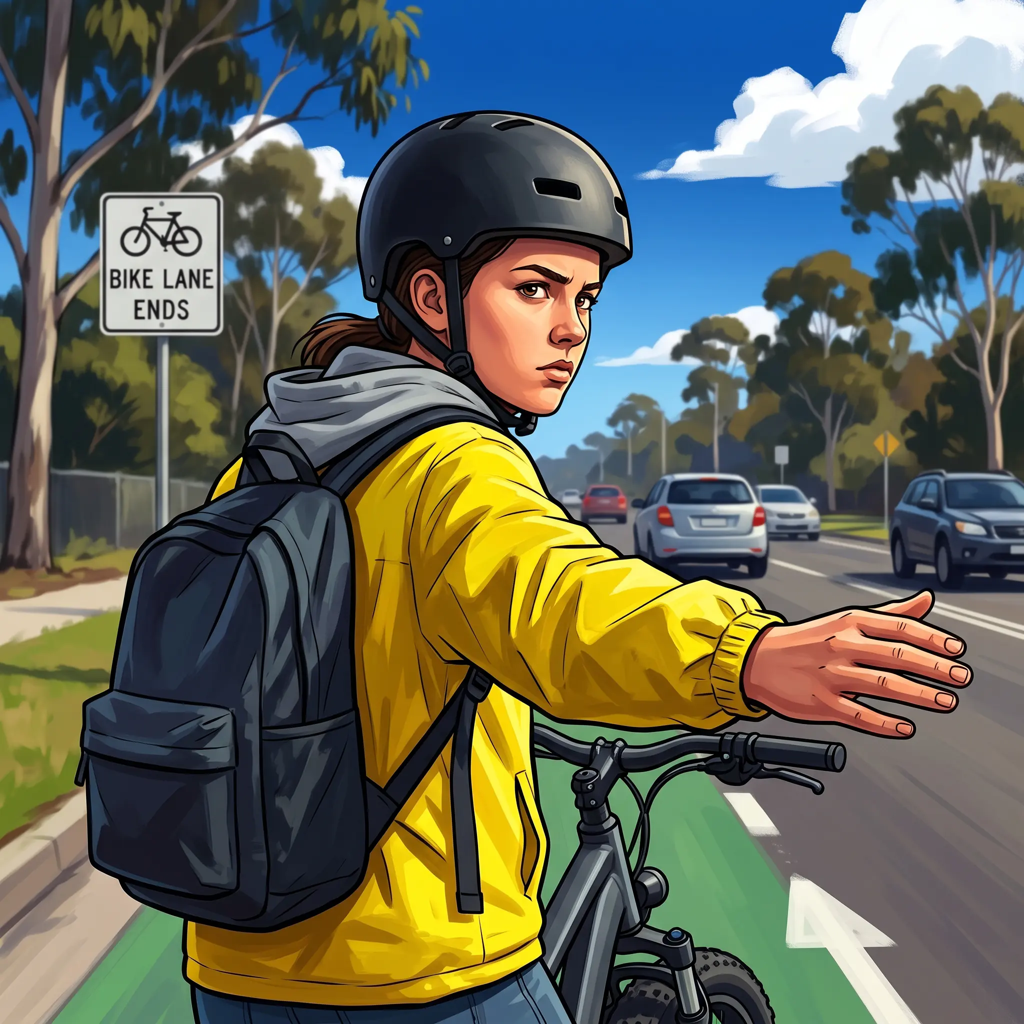 Illustrated BikeHero rider preparing to merge where a bike lane ends